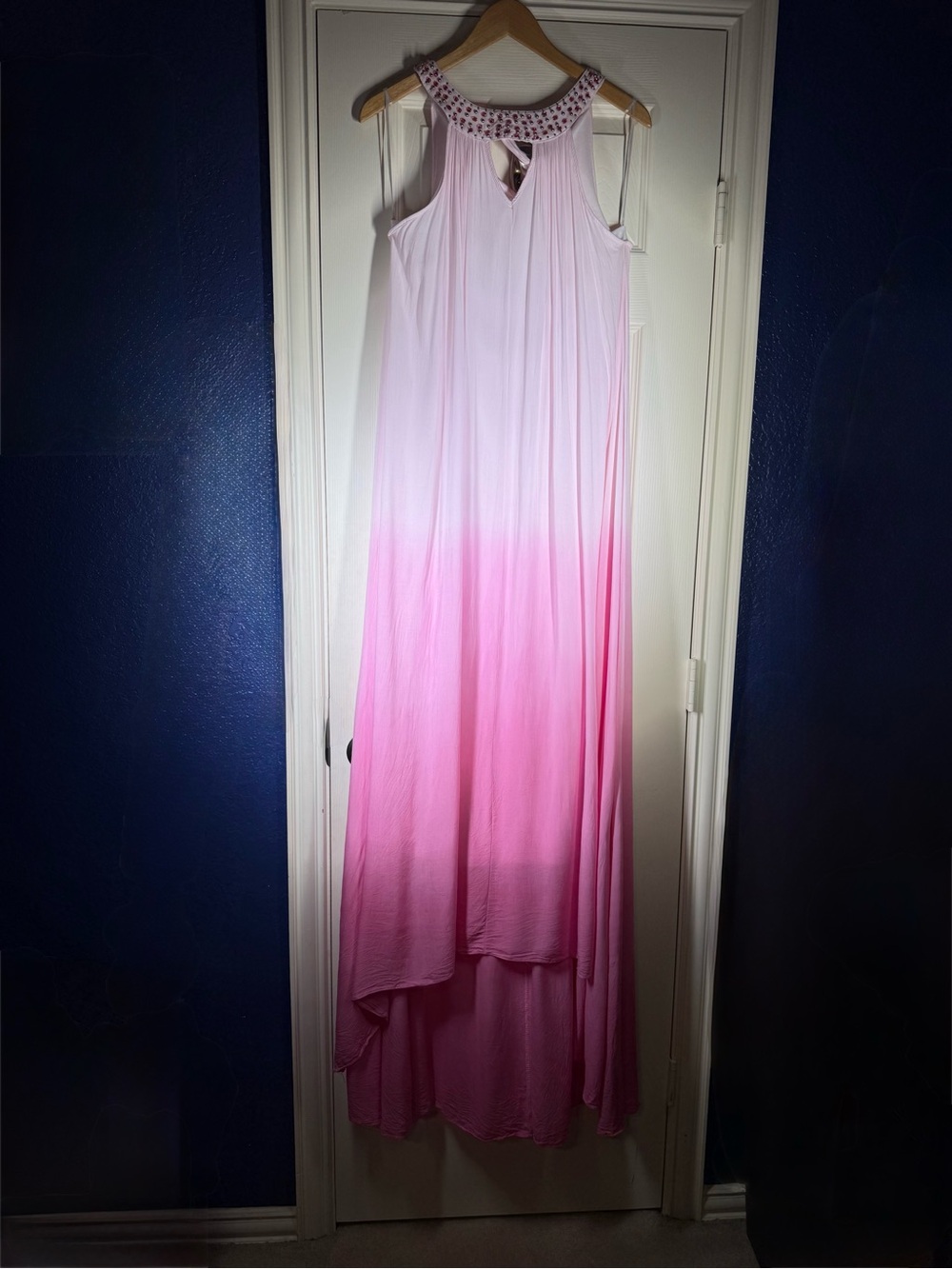 Halter Boho Ombre Pink Maxi Dress with Embellished Neckline and Dramatic Train